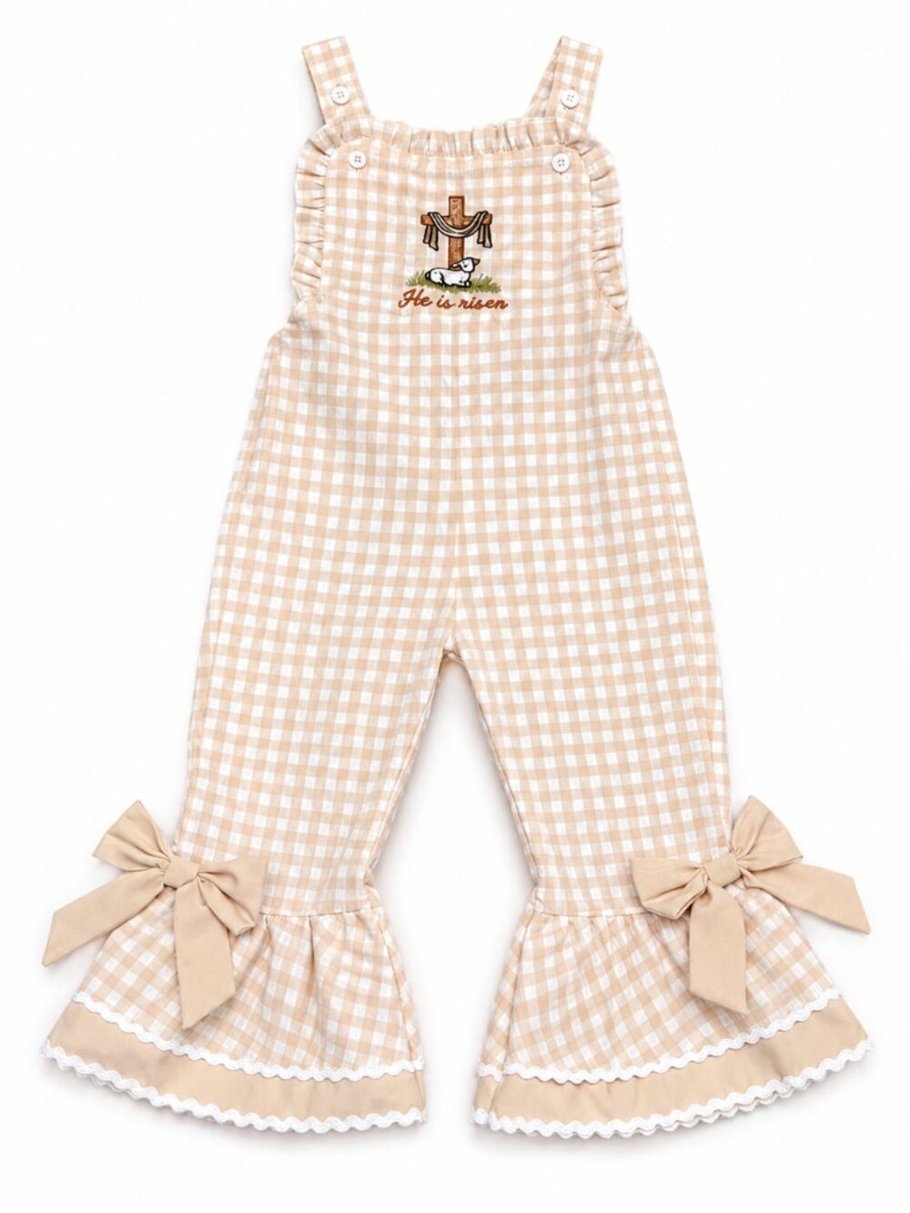 “He Is Risen” Gingham Bell Bottom Romper Toddler